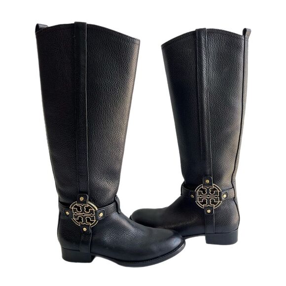 Tory Burch Black Leather Amanda Tall Riding Boots Size 6.5 Big Logo - Picture 1 of 16